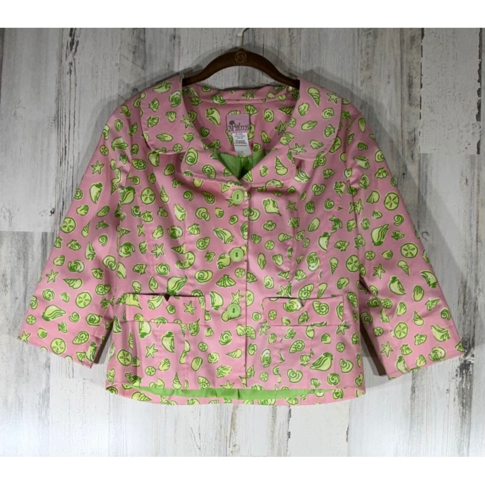 3 Palms Blazer Jacket Small Pink Green Seashell Starfish Print 3/4 Sleeve Cotton